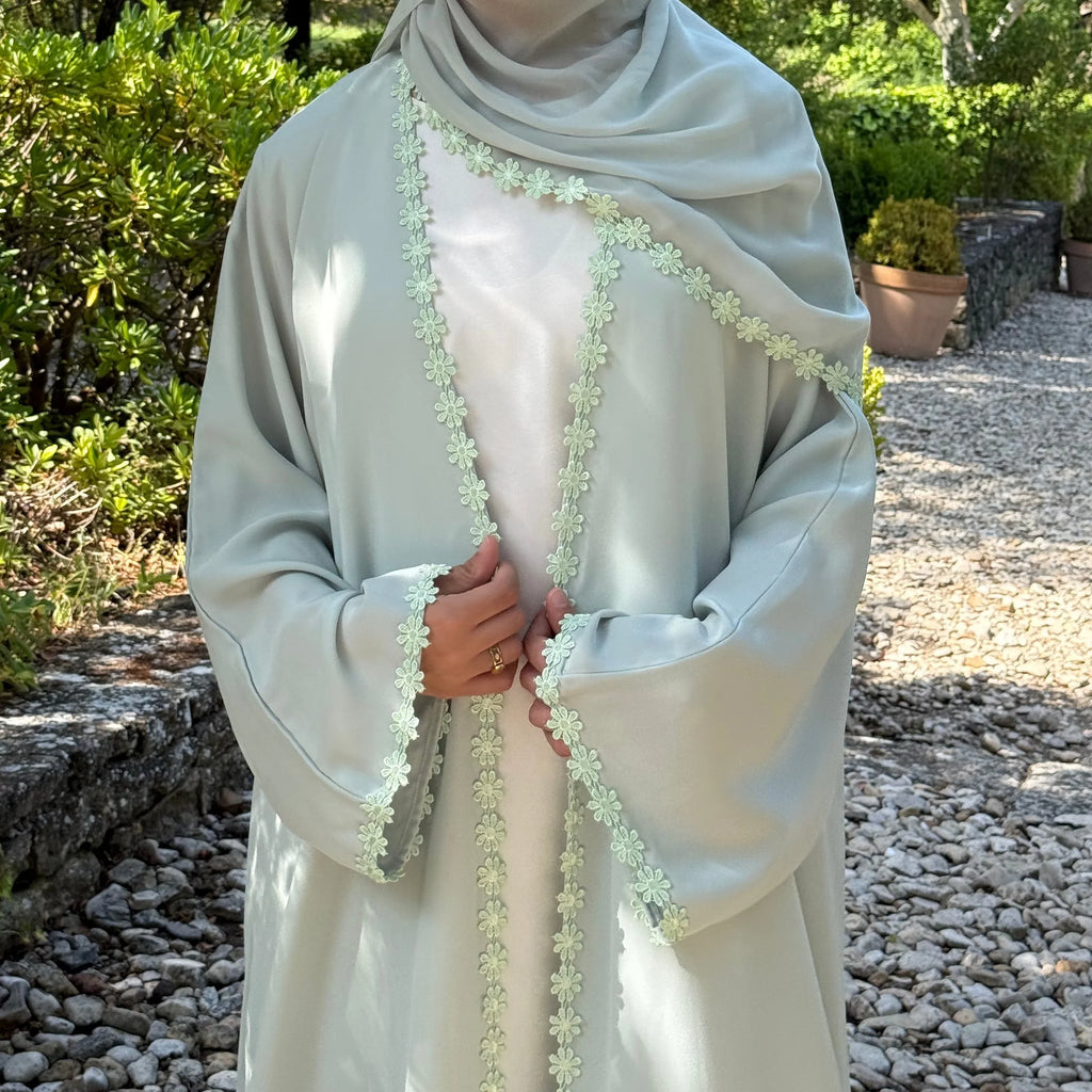 New Abaya 2026 Nida Fabric Lace Flower Abaya Islamic Clothing Women Open Abaya Muslim Women Cardigan with Hijab