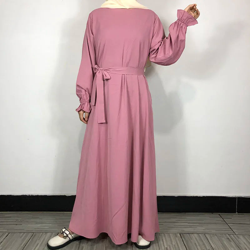 New Modest Abaya Ruffle Sleeve High Quality Nida With Pockets Free Belt EID Ramadan Islamic Clothing Muslim Women Maxi Dress