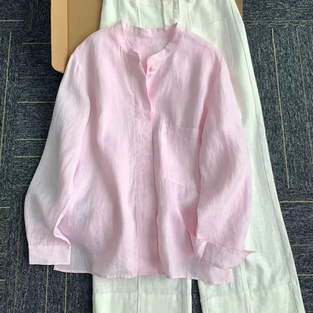 Women Linen Shirt Casual Loose Long Sleeve Thin Summer Top Pure Color Turn Down Collar French Style Sunscreen Clothing