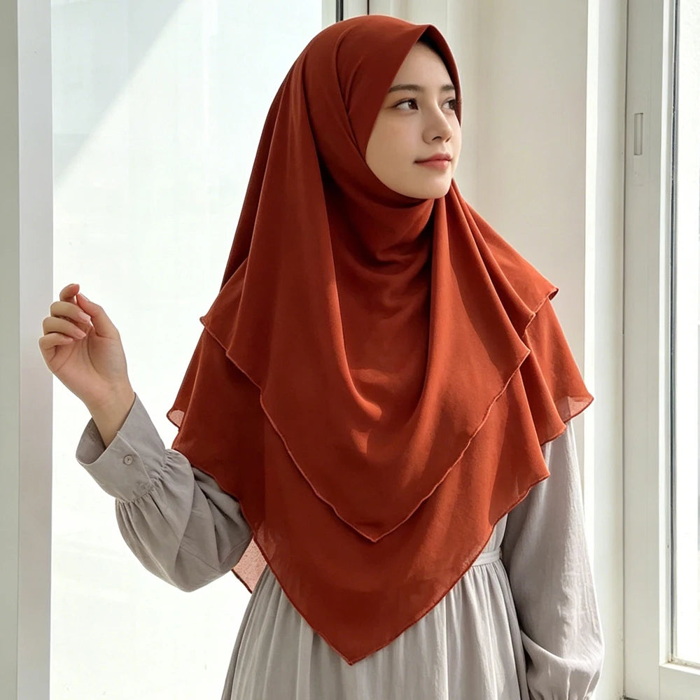 Muslim Women Khimar Two Layer Chiffon Hijab Islamic Headscarf Eid Amira Ramadan Prayer Garment Headdress Turkish Shawl Wrap Tops