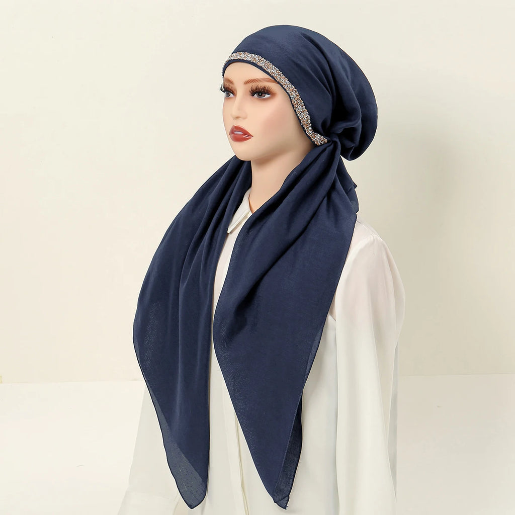 Women Plain Cotton Inner Hijab Headscarf Ramadan Hat Two Tails Muslim Rhinestone Instant Hijab Soft Cotton Solid Color Turban