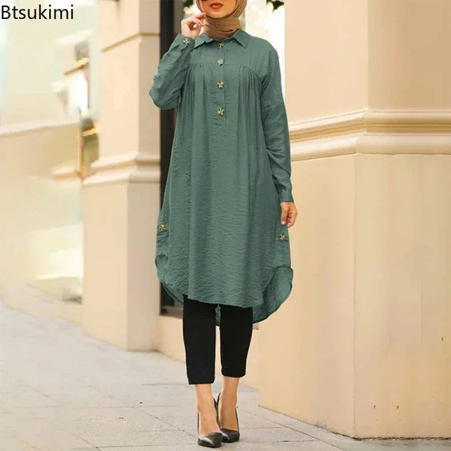 2026 Summer Muslim Solid Blouse for Women Simple Cotton Linen Long Shirt Saudi Arabia Islam Femme Tops Lady A-Line Shirt Dresses