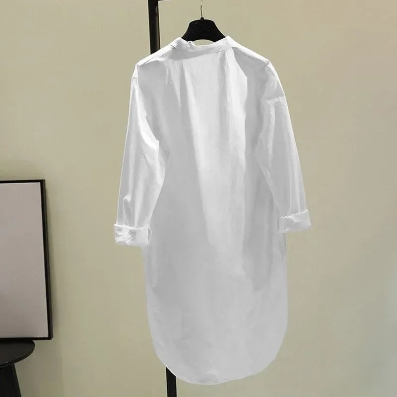 Fashion New Elegant Solid Cotton Linen Women's Shirt Single Breasted Round Neck Casual Commuter Style Mid Length Shirt