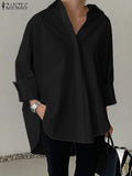 ZANZEA Oversized Women's White Shirts Turn-Down Collar Long Sleeve Button Up High-Low Solid Color Tops 2025 Autumn Streetwear