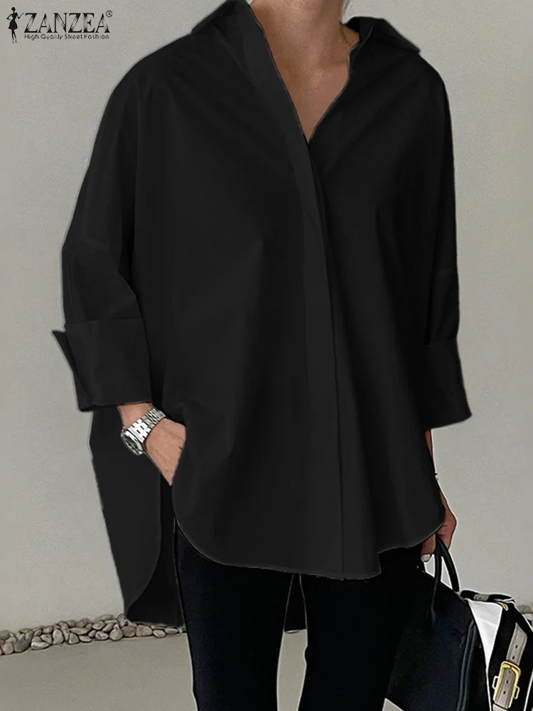 ZANZEA Oversized Women's White Shirts Turn-Down Collar Long Sleeve Button Up High-Low Solid Color Tops 2025 Autumn Streetwear