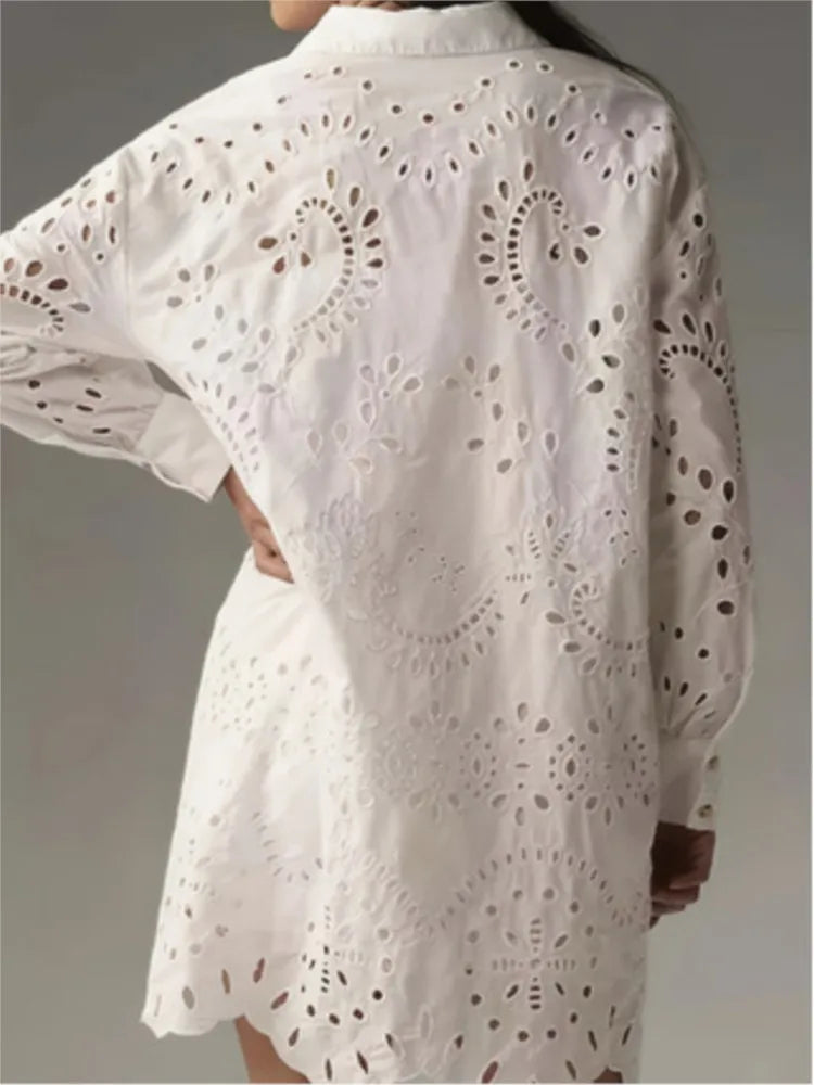 Elegant White Shirt Lady Fashion Long Sleeve Hook Flower Hollow Button Shirts Tops Casual Office Holiday Womens Clothing Spring