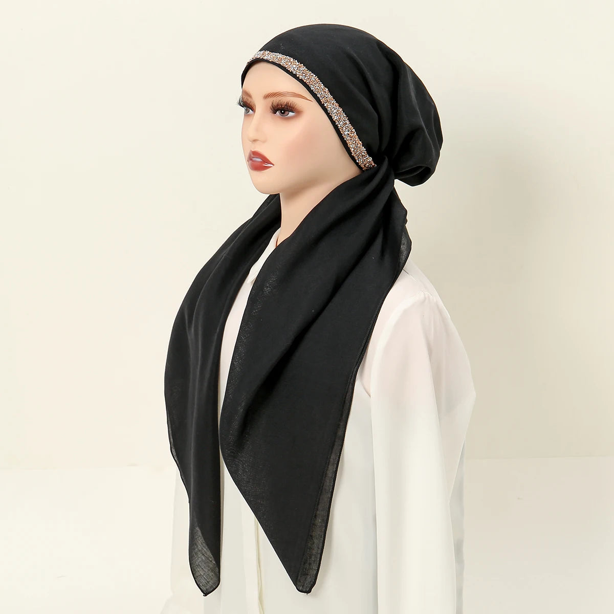 Women Plain Cotton Inner Hijab Headscarf Ramadan Hat Two Tails Muslim Rhinestone Instant Hijab Soft Cotton Solid Color Turban