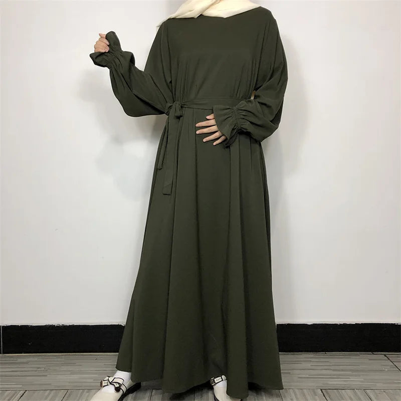 New Modest Abaya Ruffle Sleeve High Quality Nida With Pockets Free Belt EID Ramadan Islamic Clothing Muslim Women Maxi Dress