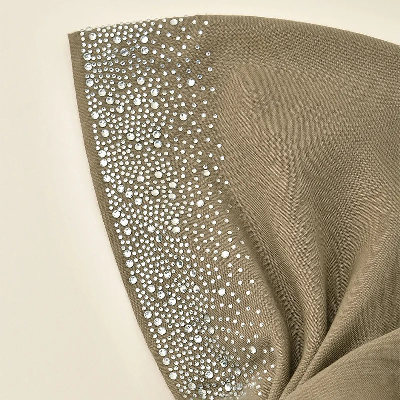 Women Plain Cotton Inner Hijab Headscarf Ramadan Hat Two Tails Muslim Rhinestone Instant Hijab Soft Cotton Solid Color Turban