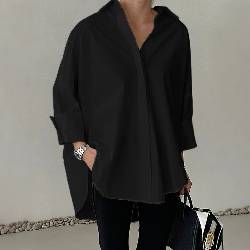 ZANZEA Oversized Women's White Shirts Turn-Down Collar Long Sleeve Button Up High-Low Solid Color Tops 2025 Autumn Streetwear