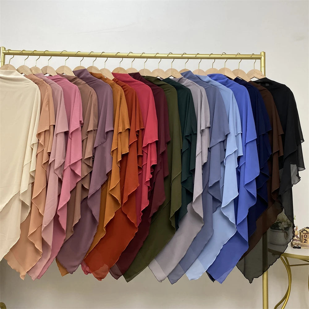 Muslim Women Khimar Two Layer Chiffon Hijab Islamic Headscarf Eid Amira Ramadan Prayer Garment Headdress Turkish Shawl Wrap Tops