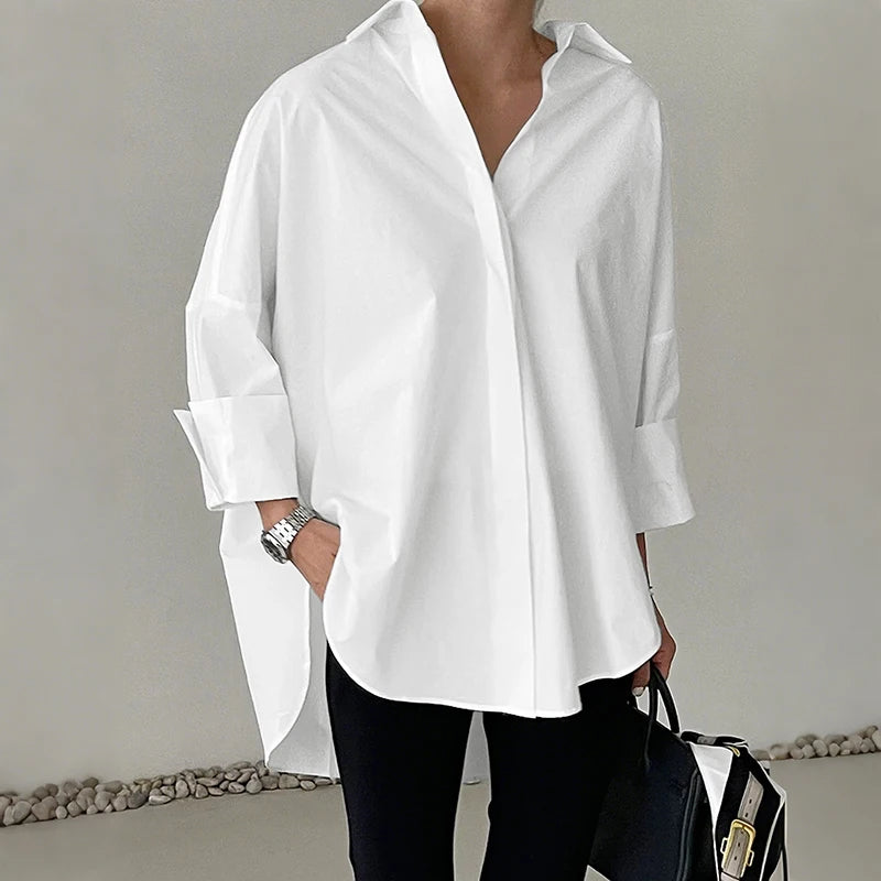 ZANZEA Oversized Women's White Shirts Turn-Down Collar Long Sleeve Button Up High-Low Solid Color Tops 2025 Autumn Streetwear