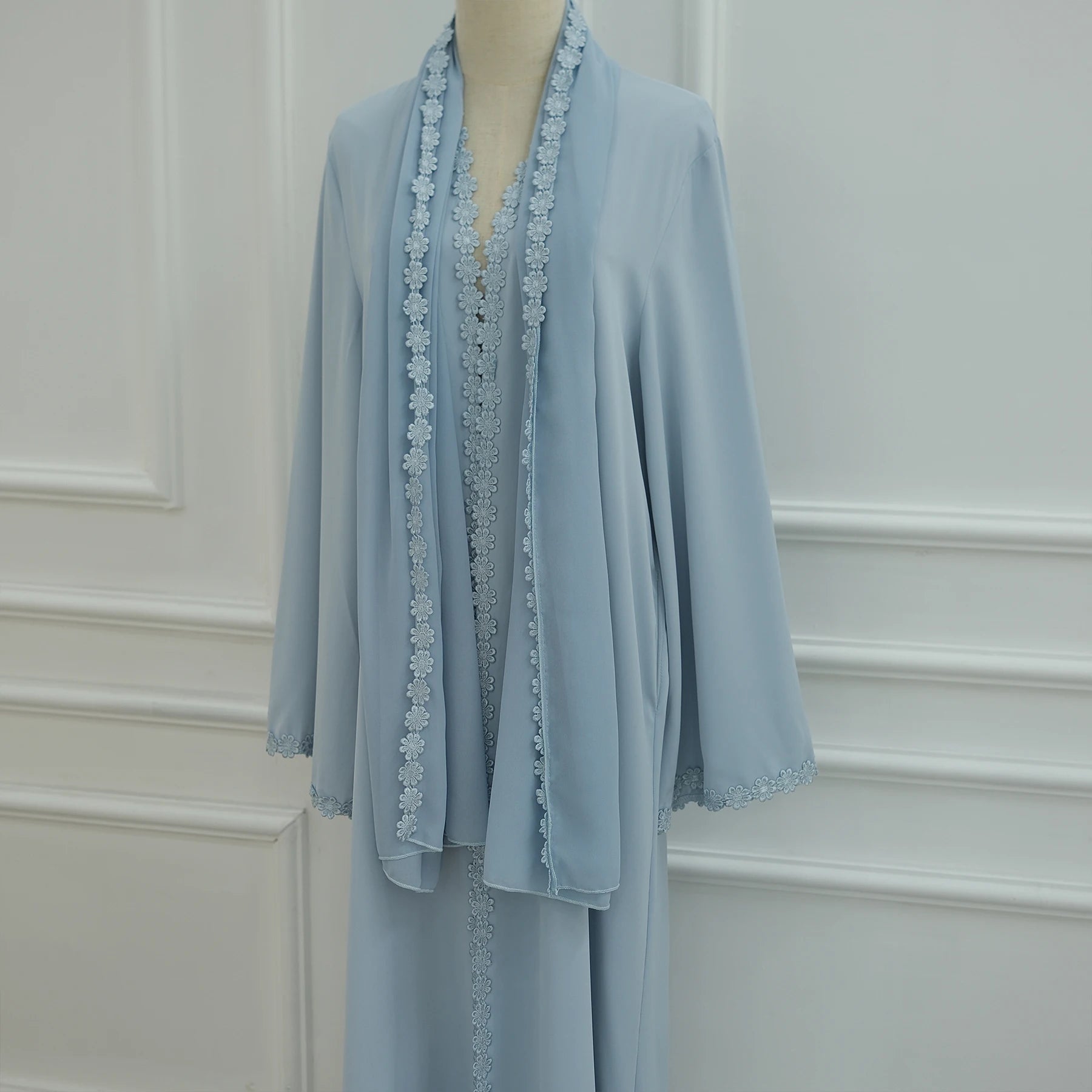 New Abaya 2026 Nida Fabric Lace Flower Abaya Islamic Clothing Women Open Abaya Muslim Women Cardigan with Hijab