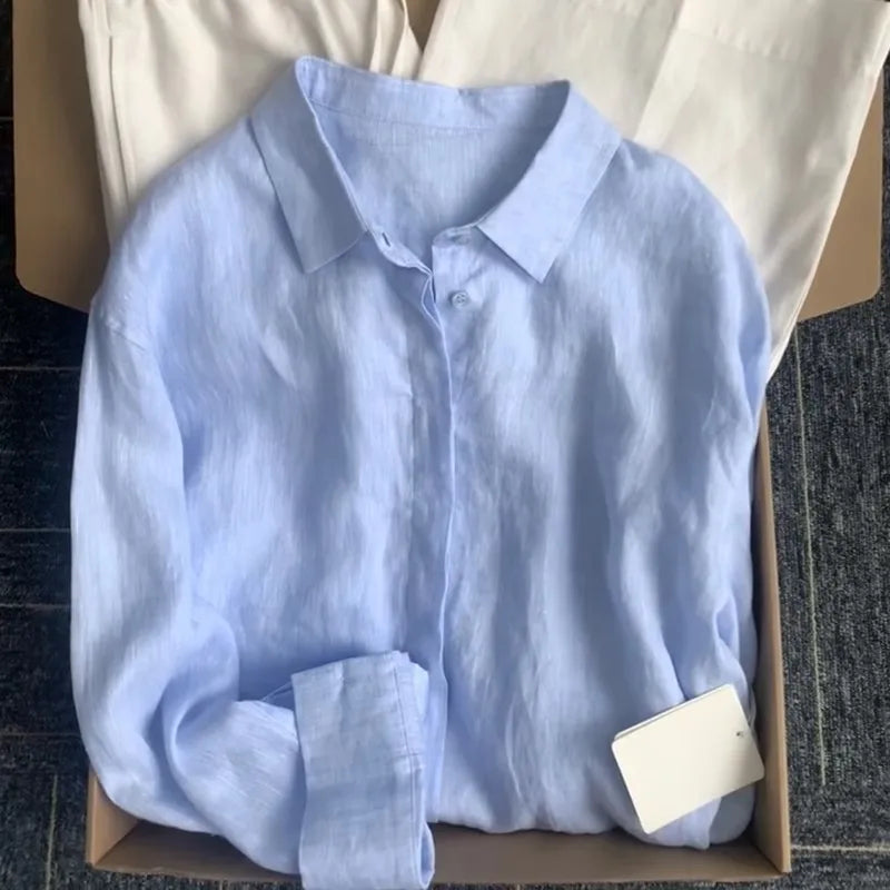 Women Linen Shirt Casual Loose Long Sleeve Thin Summer Top Pure Color Turn Down Collar French Style Sunscreen Clothing