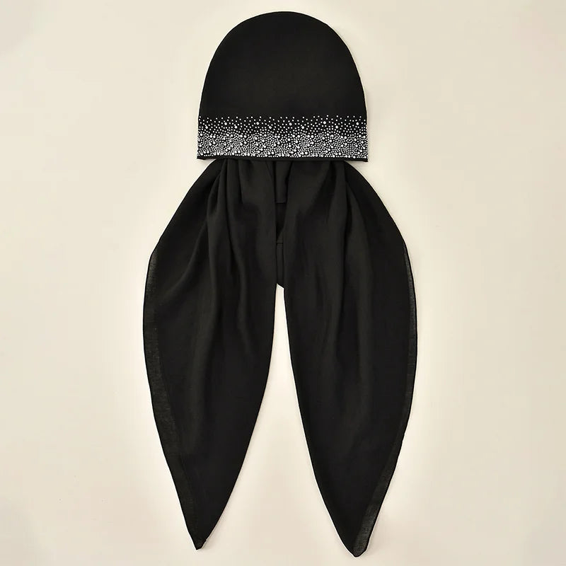 Women Plain Cotton Inner Hijab Headscarf Ramadan Hat Two Tails Muslim Rhinestone Instant Hijab Soft Cotton Solid Color Turban