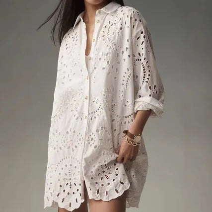 Elegant White Shirt Lady Fashion Long Sleeve Hook Flower Hollow Button Shirts Tops Casual Office Holiday Womens Clothing Spring