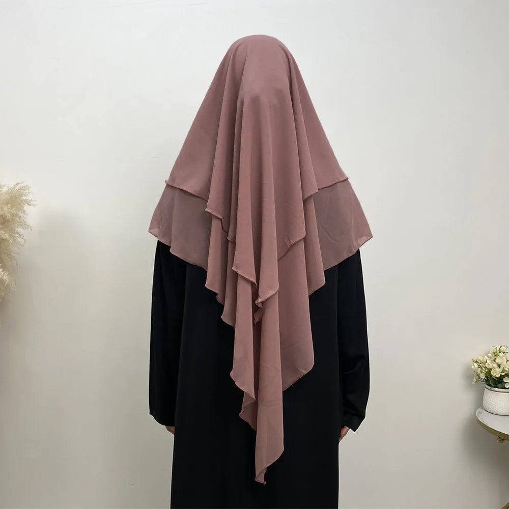 Muslim Women Khimar Two Layer Chiffon Hijab Islamic Headscarf Eid Amira Ramadan Prayer Garment Headdress Turkish Shawl Wrap Tops
