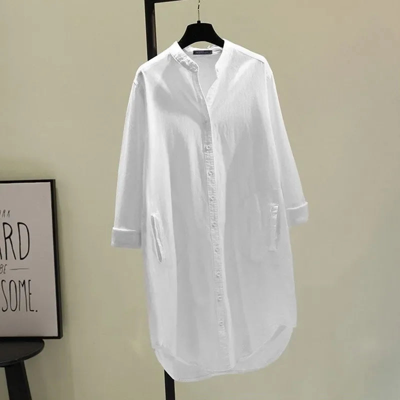 Fashion New Elegant Solid Cotton Linen Women's Shirt Single Breasted Round Neck Casual Commuter Style Mid Length Shirt