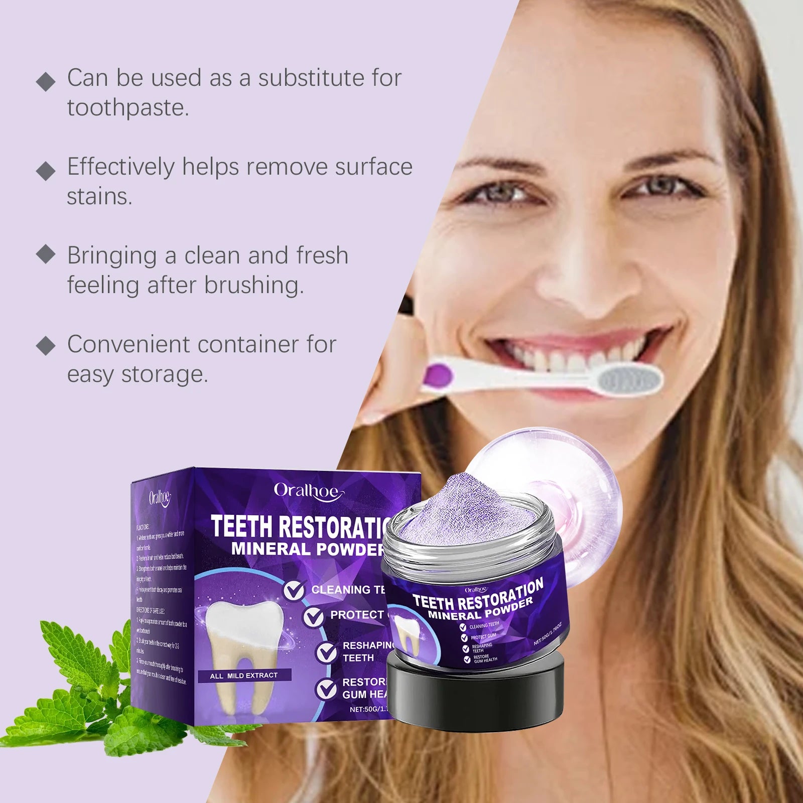 Tooth Powder Remineralizing Natural Teeth Whitening Breath Freshener Refresh Mint Flavor Enamel Repair Deep Cleaning Oral Care