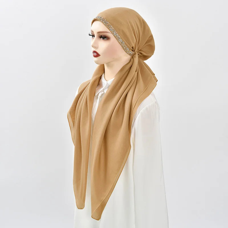 Women Plain Cotton Inner Hijab Headscarf Ramadan Hat Two Tails Muslim Rhinestone Instant Hijab Soft Cotton Solid Color Turban