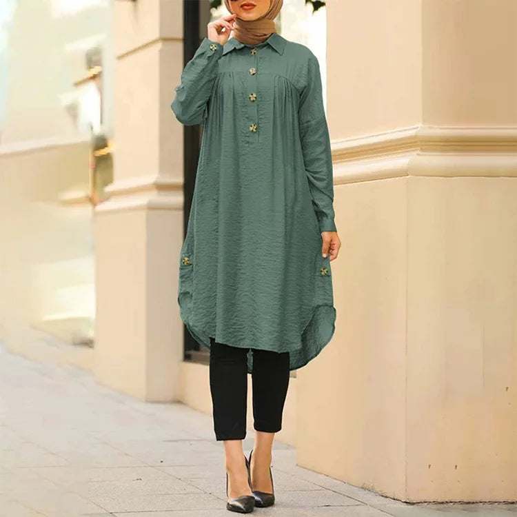 2026 Summer Muslim Solid Blouse for Women Simple Cotton Linen Long Shirt Saudi Arabia Islam Femme Tops Lady A-Line Shirt Dresses