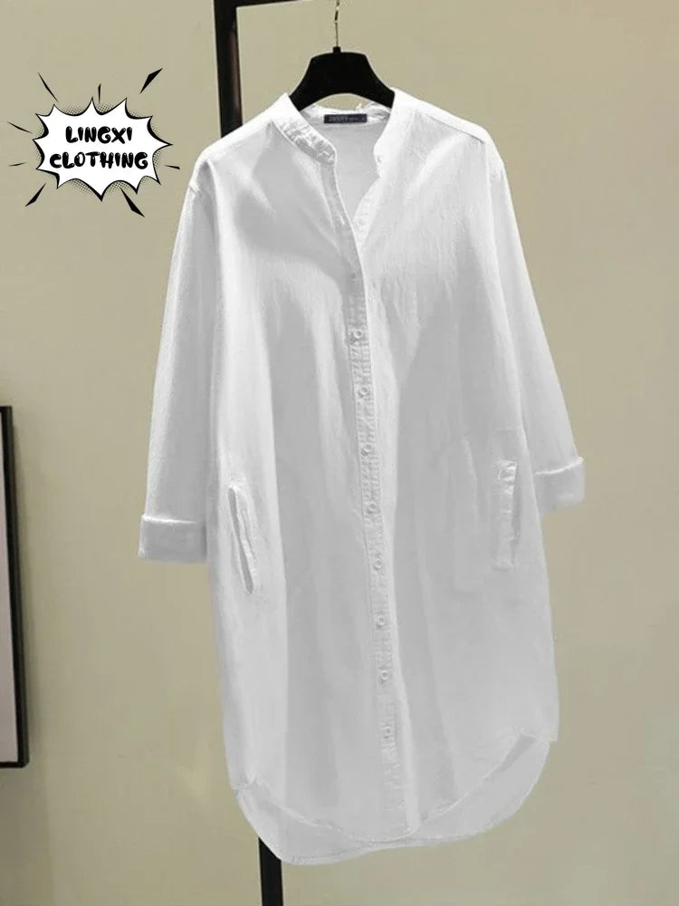 Fashion New Elegant Solid Cotton Linen Women's Shirt Single Breasted Round Neck Casual Commuter Style Mid Length Shirt
