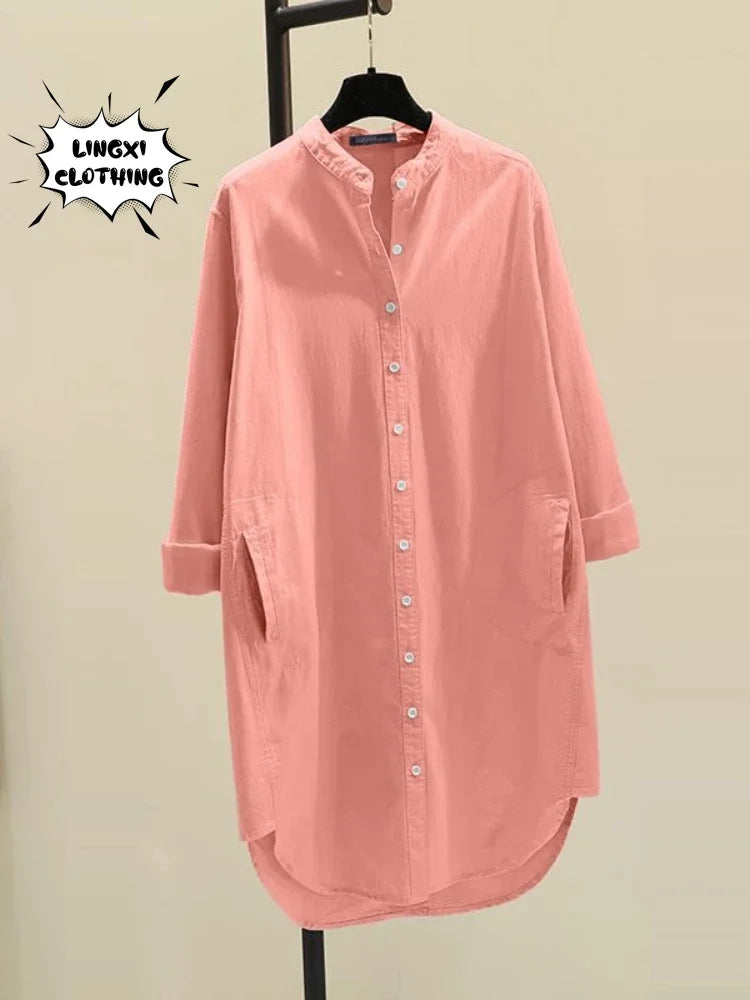 Fashion New Elegant Solid Cotton Linen Women's Shirt Single Breasted Round Neck Casual Commuter Style Mid Length Shirt