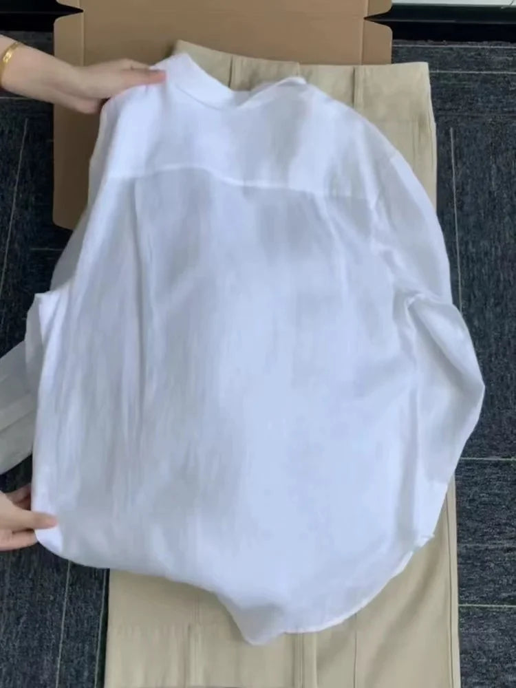 Women Linen Shirt Casual Loose Long Sleeve Thin Summer Top Pure Color Turn Down Collar French Style Sunscreen Clothing