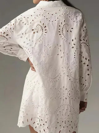 Elegant White Shirt Lady Fashion Long Sleeve Hook Flower Hollow Button Shirts Tops Casual Office Holiday Womens Clothing Spring