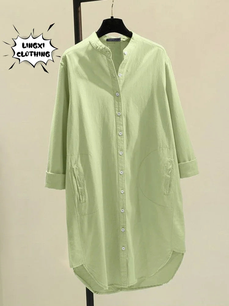 Fashion New Elegant Solid Cotton Linen Women's Shirt Single Breasted Round Neck Casual Commuter Style Mid Length Shirt