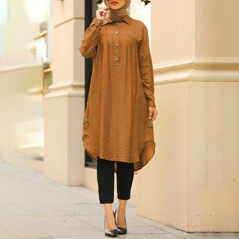 2026 Summer Muslim Solid Blouse for Women Simple Cotton Linen Long Shirt Saudi Arabia Islam Femme Tops Lady A-Line Shirt Dresses