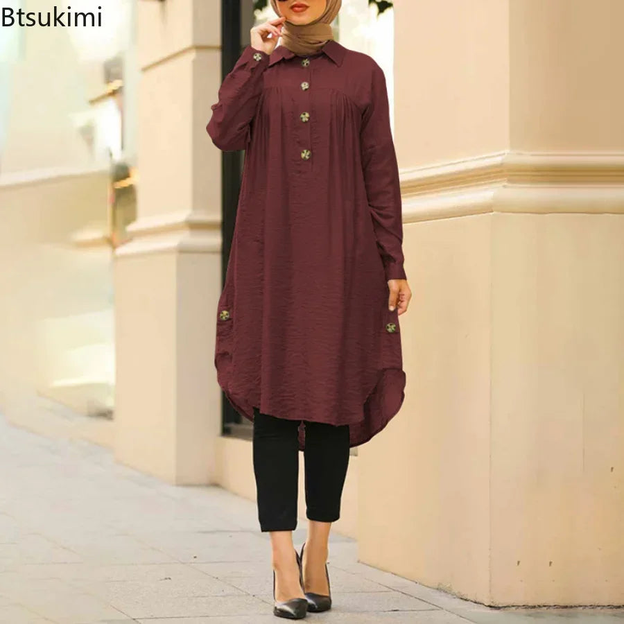 2026 Summer Muslim Solid Blouse for Women Simple Cotton Linen Long Shirt Saudi Arabia Islam Femme Tops Lady A-Line Shirt Dresses