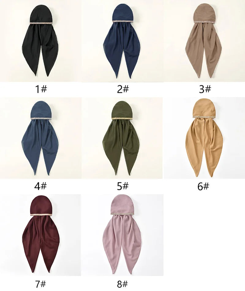 Women Plain Cotton Inner Hijab Headscarf Ramadan Hat Two Tails Muslim Rhinestone Instant Hijab Soft Cotton Solid Color Turban