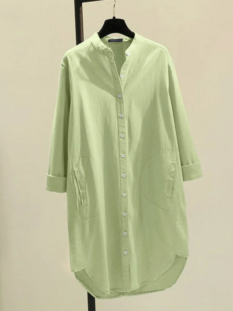 Fashion New Elegant Solid Cotton Linen Women's Shirt Single Breasted Round Neck Casual Commuter Style Mid Length Shirt