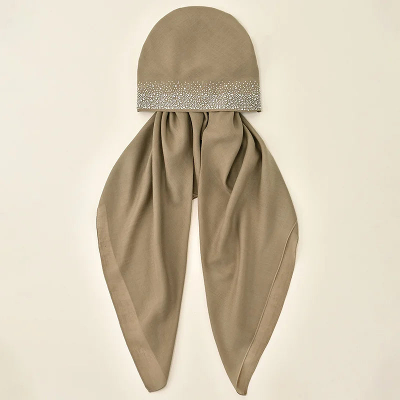 Women Plain Cotton Inner Hijab Headscarf Ramadan Hat Two Tails Muslim Rhinestone Instant Hijab Soft Cotton Solid Color Turban