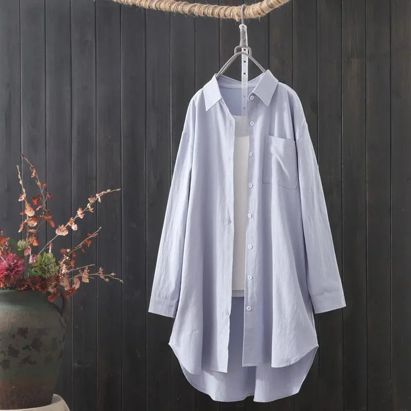 Korean Fashion White Shirt Women 2023 Spring Summer Loose Breathable Midi Shirt and Blouse Lady Simple Solid Color Long Shirts