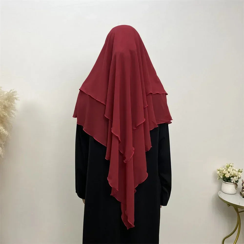 Muslim Women Khimar Two Layer Chiffon Hijab Islamic Headscarf Eid Amira Ramadan Prayer Garment Headdress Turkish Shawl Wrap Tops