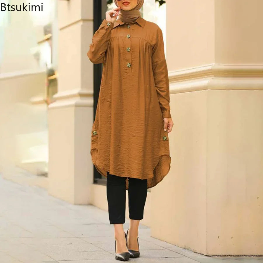 2026 Summer Muslim Solid Blouse for Women Simple Cotton Linen Long Shirt Saudi Arabia Islam Femme Tops Lady A-Line Shirt Dresses