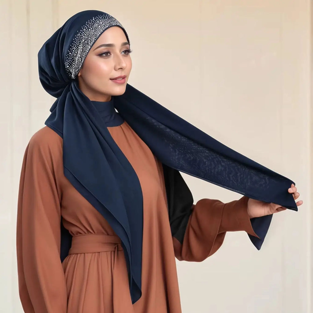 Women Plain Cotton Inner Hijab Headscarf Ramadan Hat Two Tails Muslim Rhinestone Instant Hijab Soft Cotton Solid Color Turban