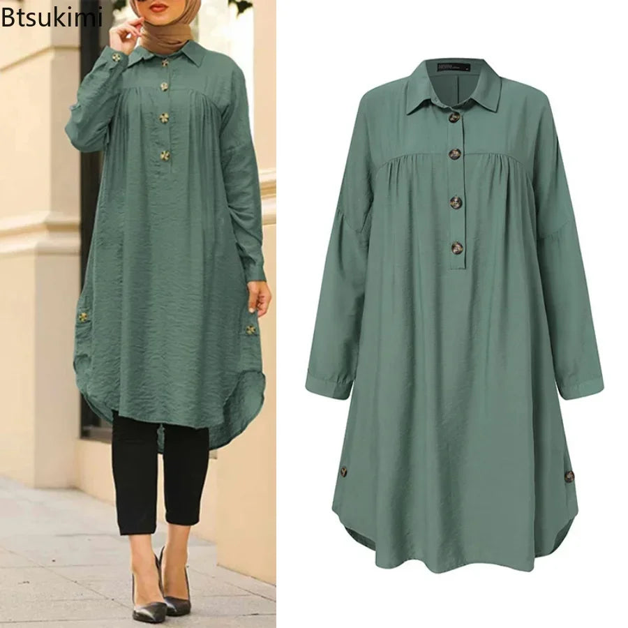 2026 Summer Muslim Solid Blouse for Women Simple Cotton Linen Long Shirt Saudi Arabia Islam Femme Tops Lady A-Line Shirt Dresses