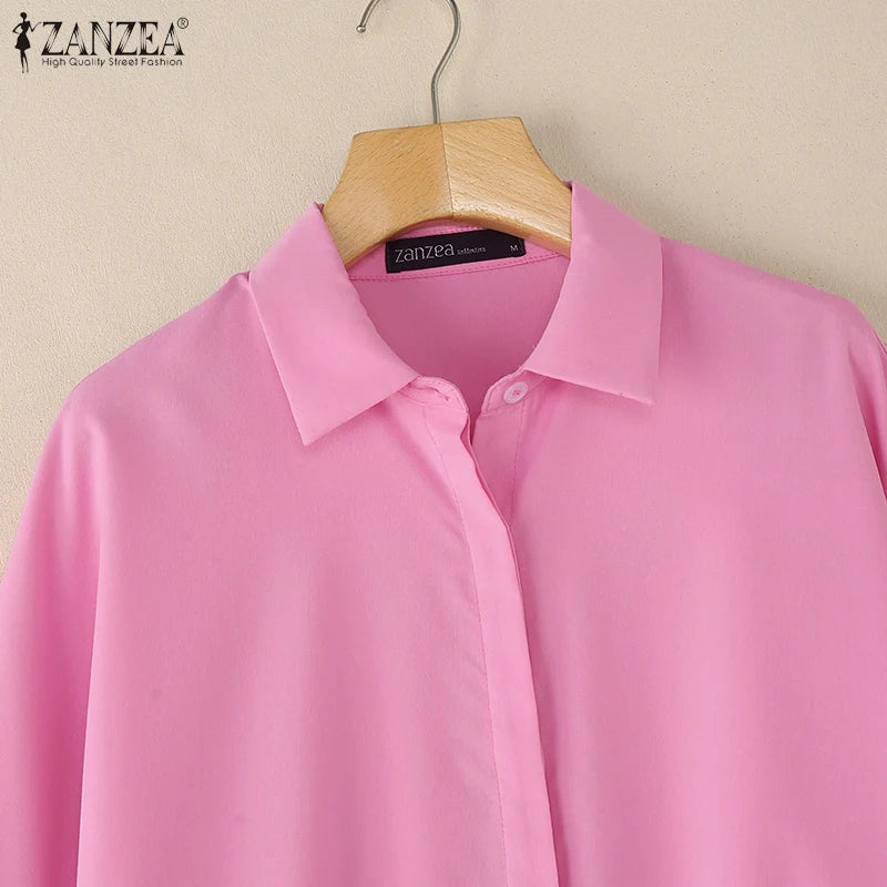 ZANZEA Oversized Women's White Shirts Turn-Down Collar Long Sleeve Button Up High-Low Solid Color Tops 2025 Autumn Streetwear