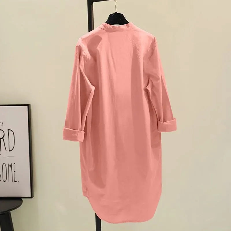 Fashion New Elegant Solid Cotton Linen Women's Shirt Single Breasted Round Neck Casual Commuter Style Mid Length Shirt