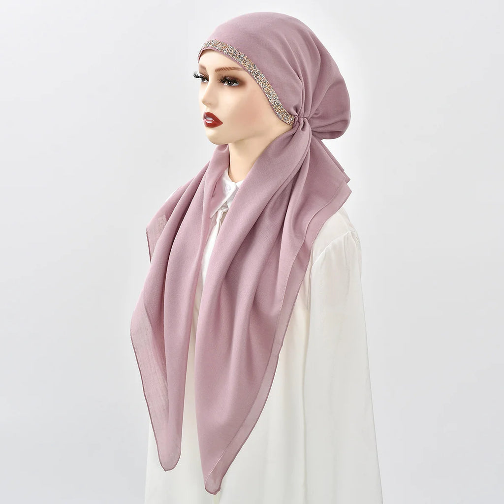 Women Plain Cotton Inner Hijab Headscarf Ramadan Hat Two Tails Muslim Rhinestone Instant Hijab Soft Cotton Solid Color Turban