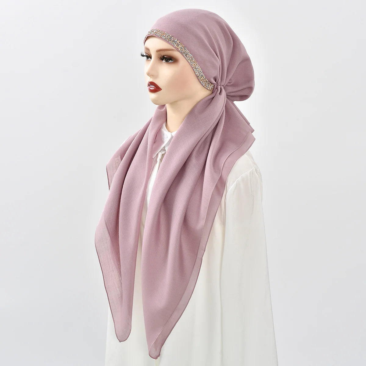Women Plain Cotton Inner Hijab Headscarf Ramadan Hat Two Tails Muslim Rhinestone Instant Hijab Soft Cotton Solid Color Turban