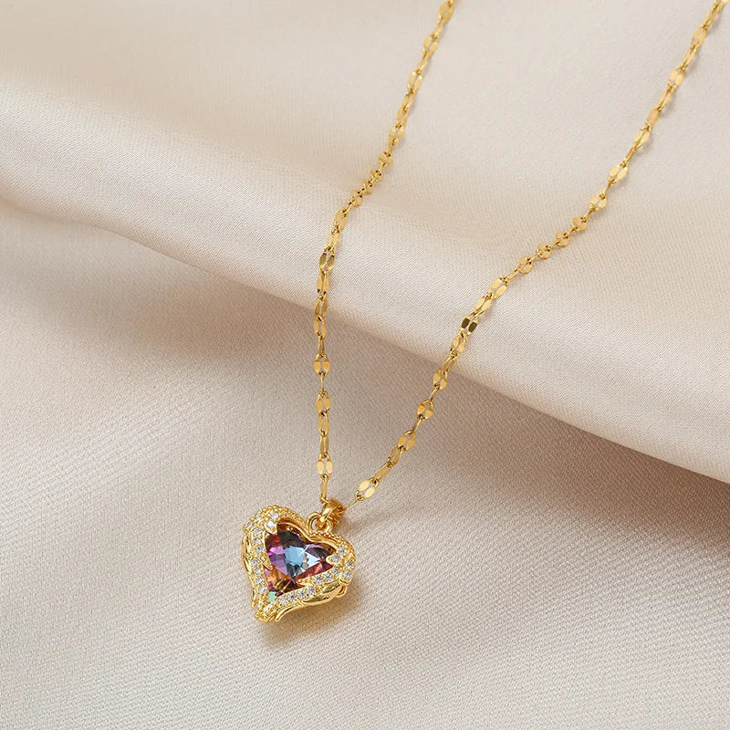 Super Luxury Colorful Crystal Ocean Heart Necklaces For Women Korean Fashion Stainless Steel Jewelry Female Wedding Accessories