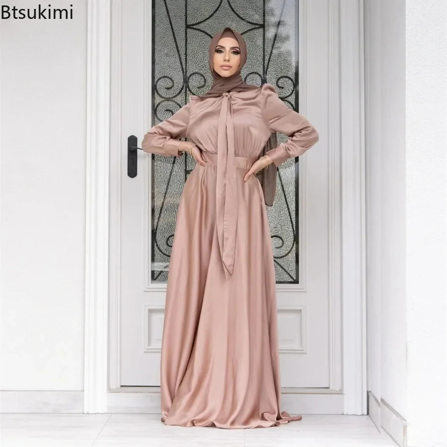 Robe élégante en satin pour femmes Musulmanes Abaya Hijab Dubaï Turquie Robes de soirée Kaftan Arabe Robe Islamique Femme