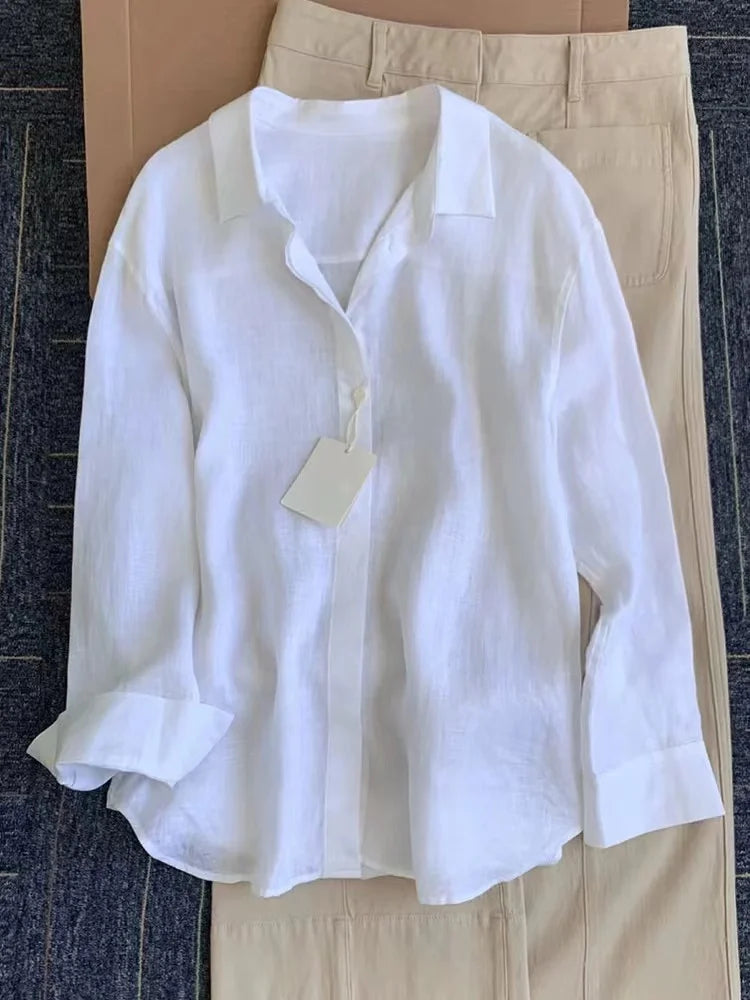 Women Linen Shirt Casual Loose Long Sleeve Thin Summer Top Pure Color Turn Down Collar French Style Sunscreen Clothing
