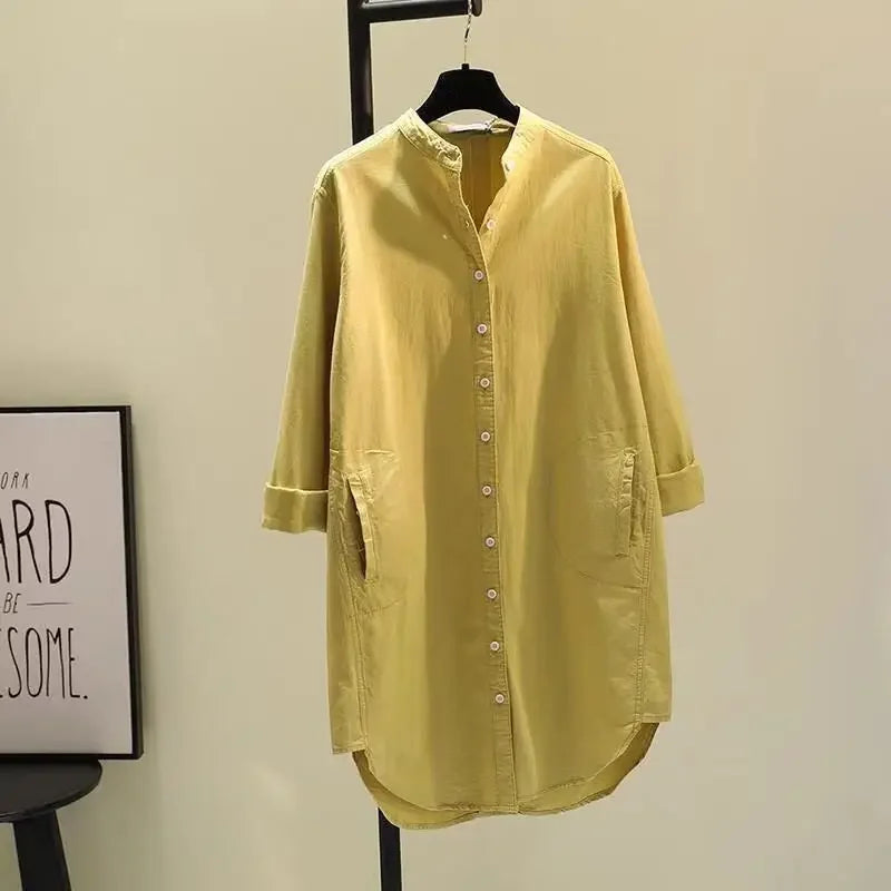 Fashion New Elegant Solid Cotton Linen Women's Shirt Single Breasted Round Neck Casual Commuter Style Mid Length Shirt