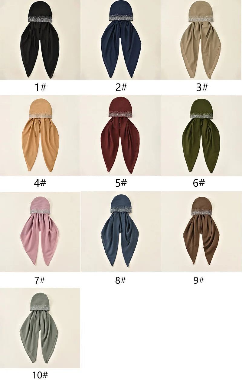 Women Plain Cotton Inner Hijab Headscarf Ramadan Hat Two Tails Muslim Rhinestone Instant Hijab Soft Cotton Solid Color Turban