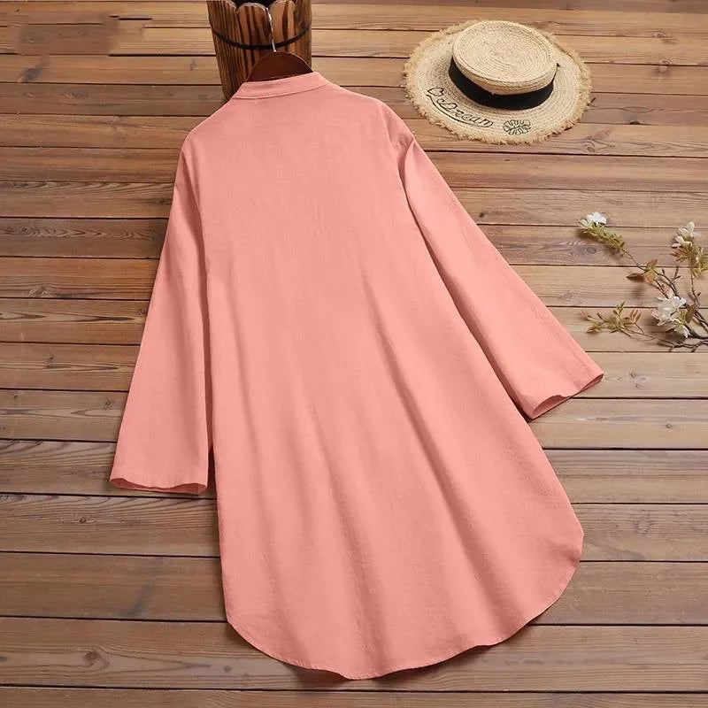 Fashion New Elegant Solid Cotton Linen Women's Shirt Single Breasted Round Neck Casual Commuter Style Mid Length Shirt